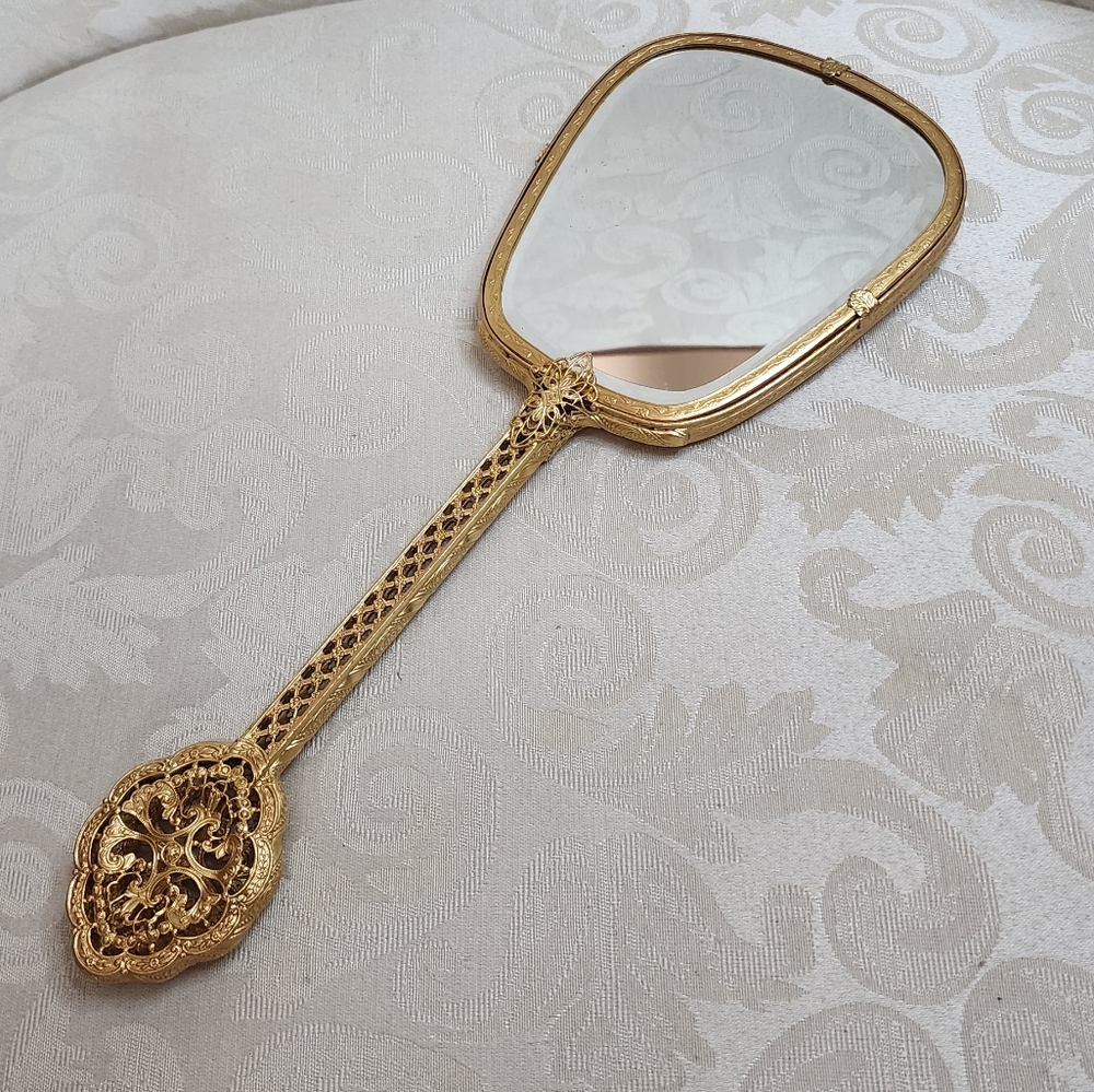 VINTAGE Gold Tone Hand Mirror Embroidered Floral Back Heavy Beveled Glass Vanity - Picture 12 of 13